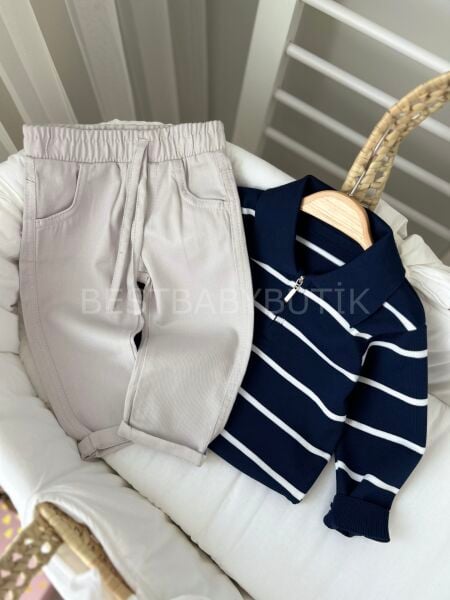 Premium Çizgili Polo Yaka Triko Pantolonlu Takım 12-18 AY