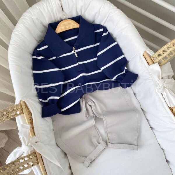 Premium Çizgili Polo Yaka Triko Pantolonlu Takım