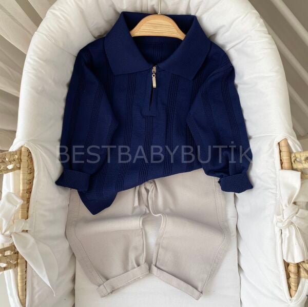 Premium Kendinden Desenli Polo Yaka Triko Pantolonlu Takım