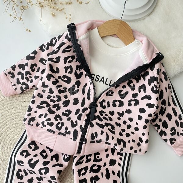 Leopar Hugg Baskılı Kalın Fermuar Bol Paça 3’Lü Eşofman Takımı
