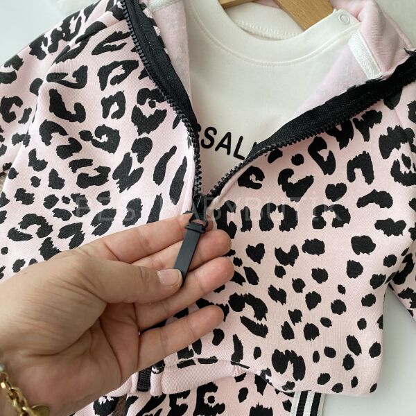 Leopar Hugg Baskılı Kalın Fermuar Bol Paça 3’Lü Eşofman Takımı