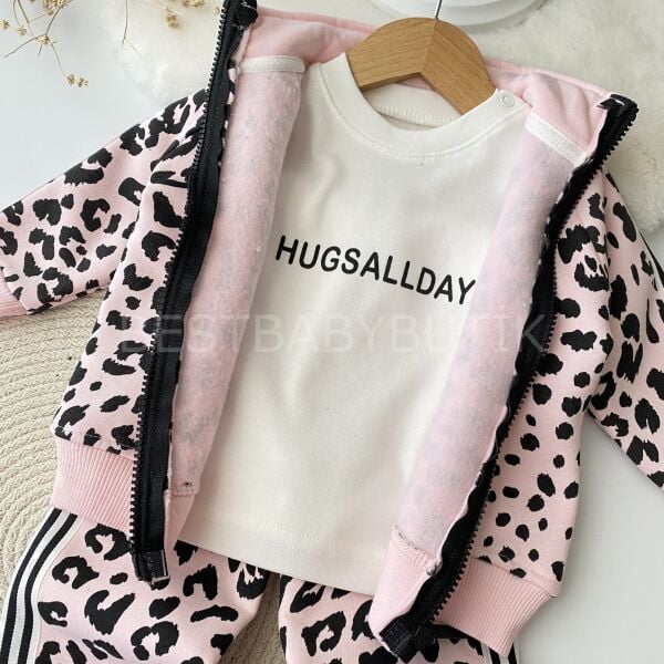 Leopar Hugg Baskılı Kalın Fermuar Bol Paça 3’Lü Eşofman Takımı
