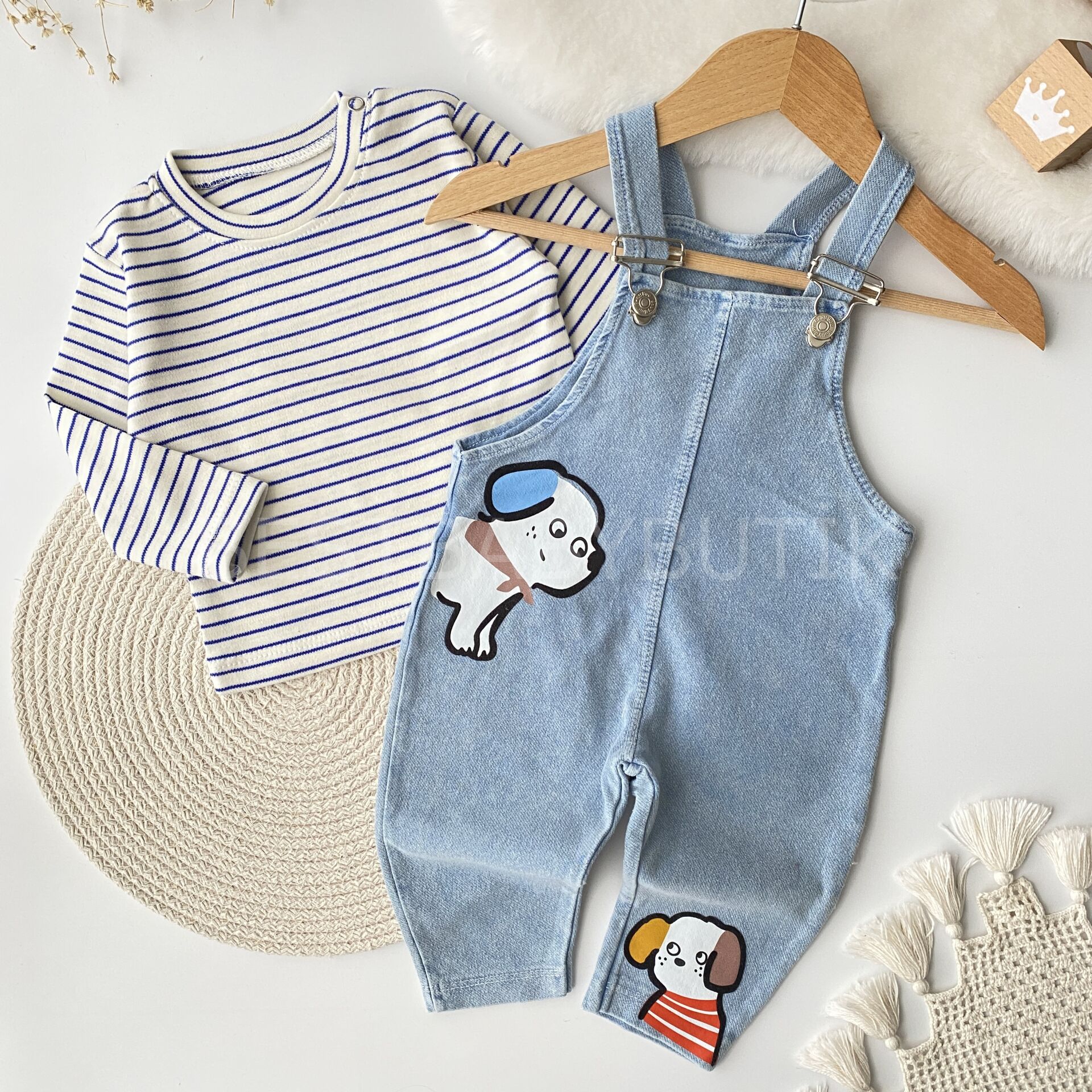 Sevimli Köpek Baskılı Badili Kot Salopet Takımı