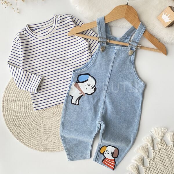 Sevimli Köpek Baskılı Badili Kot Salopet Takımı