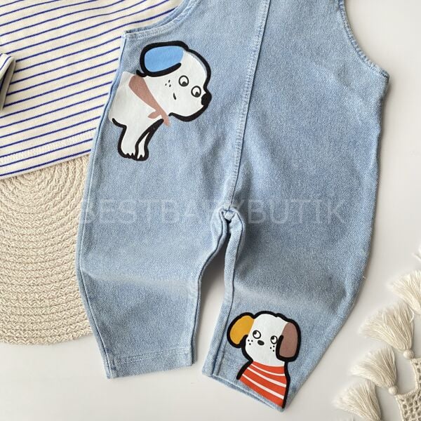 Sevimli Köpek Baskılı Badili Kot Salopet Takımı