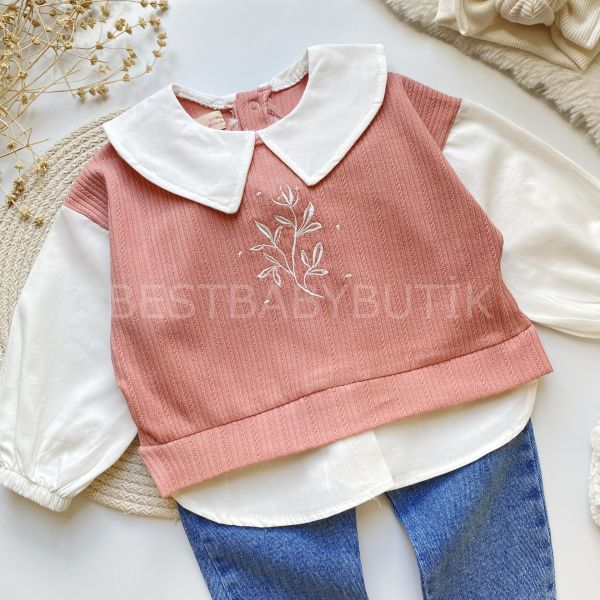 EFTELYA GÖMLEK YAKA DETAYLI ÇİÇEK NAKIŞLI KOT PANTOLONLU 2’Lİ TAKIM