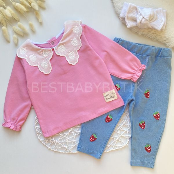 FİSTO YAKA DETAYLI ÇİLEK KOT PANTALONLU TAKIM