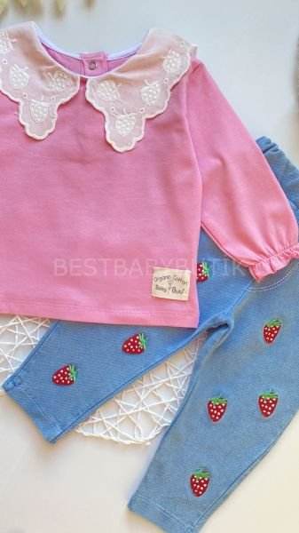 FİSTO YAKA DETAYLI ÇİLEK KOT PANTALONLU TAKIM