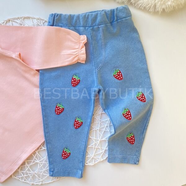 FİSTO YAKA DETAYLI ÇİLEK KOT PANTALONLU TAKIM