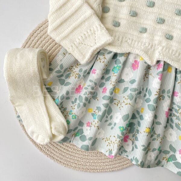 Triko Detaylı Çiçekli Elbise -ÇORAP HEDİYELİ