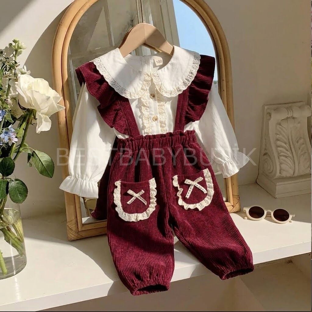 Kadife Fisto Fiyonklu Bebe Yaka Gömlekli Salopet Tulum Seti 18-24 AY