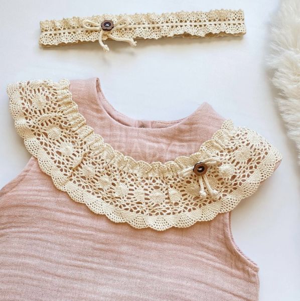 DANTEL YAKA DETAYLI MÜSLİN TULUM VE BANDANASI