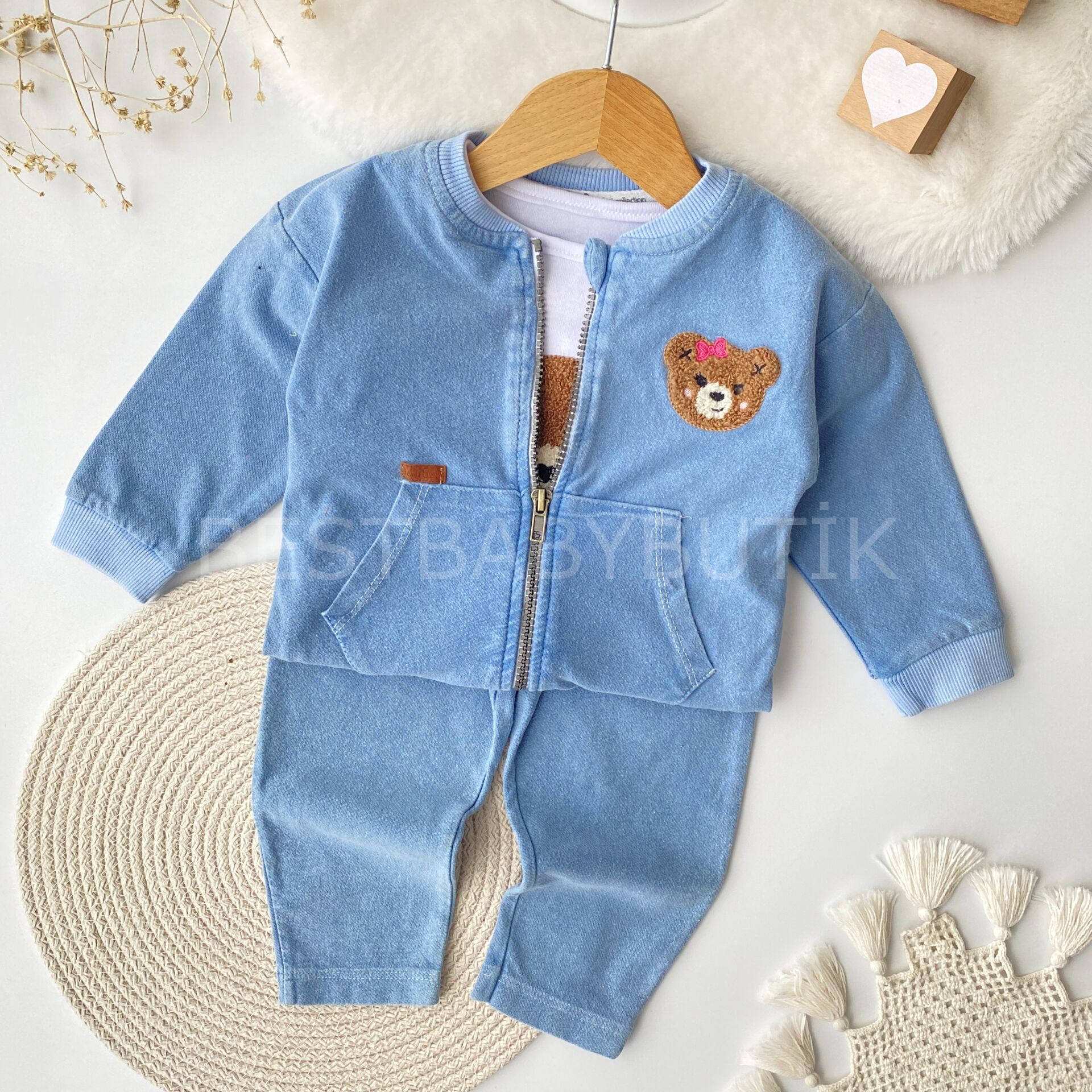 Ayıcık Panç İşlemeli Fermuarlı 3’Lü Kot Takım