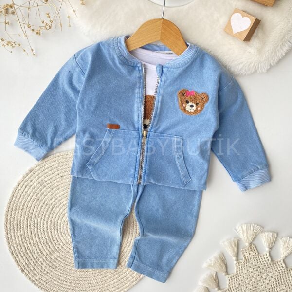 Ayıcık Panç İşlemeli Fermuarlı 3’Lü Kot Takım