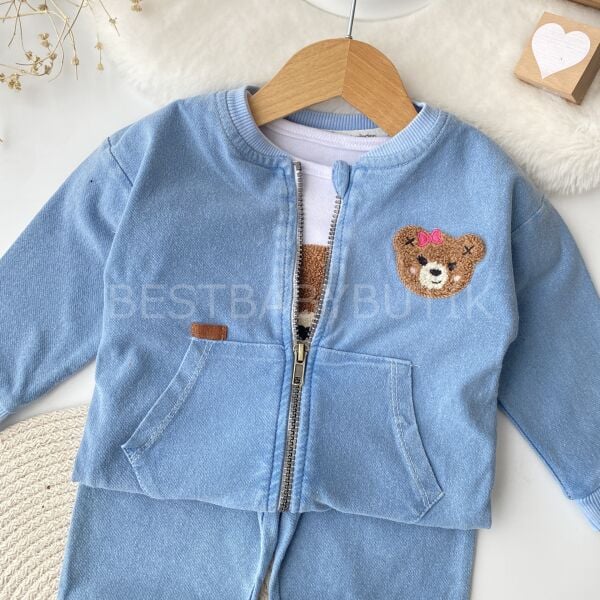 Ayıcık Panç İşlemeli Fermuarlı 3’Lü Kot Takım