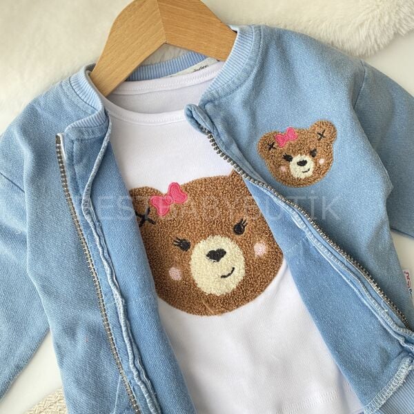 Ayıcık Panç İşlemeli Fermuarlı 3’Lü Kot Takım