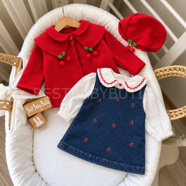 Cherry Süslü Kabanlı Ve Şapkalı 4’LÜ Kot Elbiseli Set 18 AYLIK