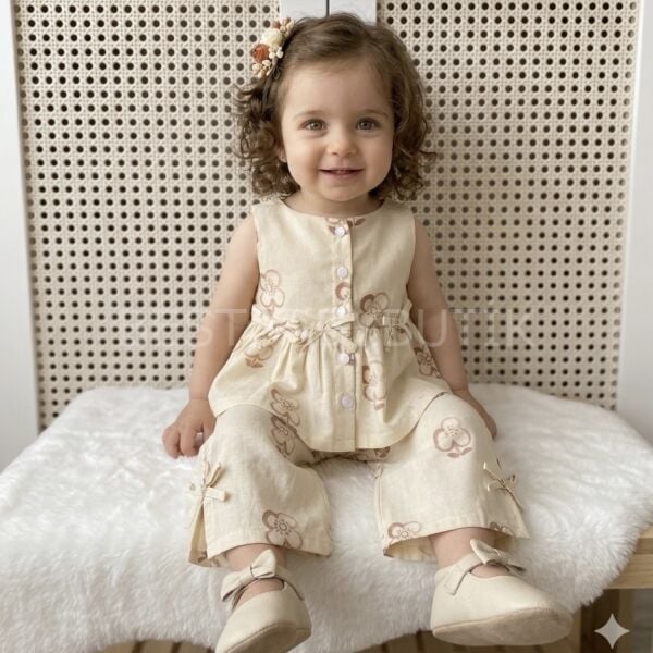 Alaçatı Çiçekli Organik Keten Takım 12-18 AY