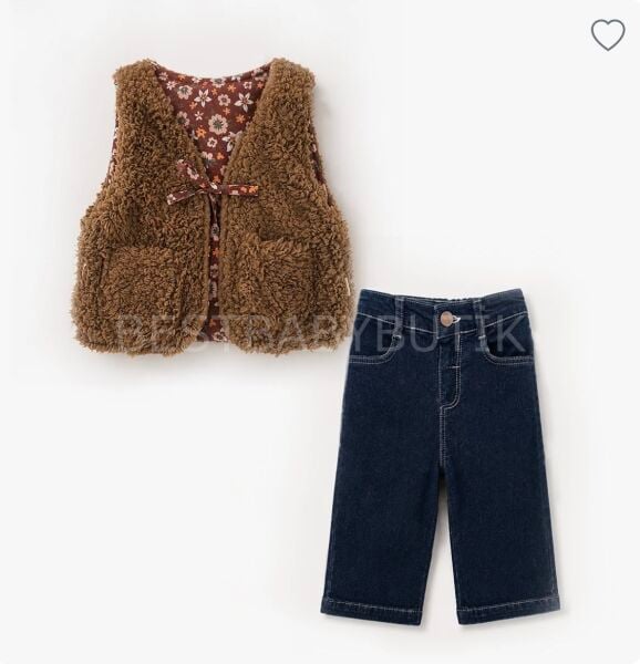 Vintage Çiçekli Peluş Yelek Ve Kot Pantolon 1 YAŞ