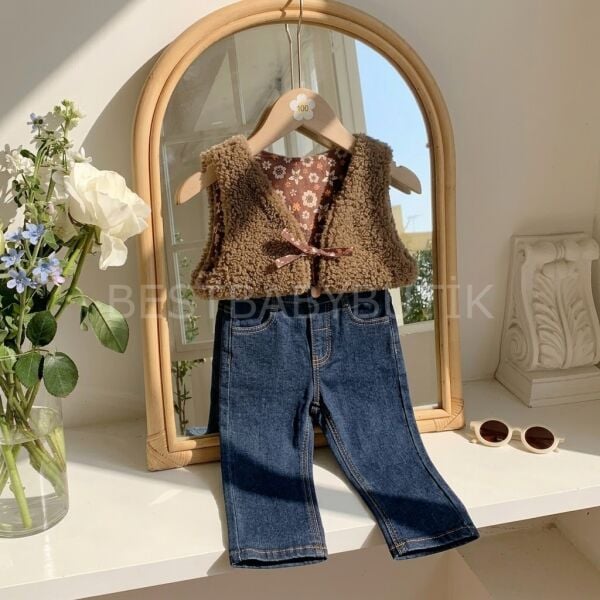 Vintage Çiçekli Peluş Yelek Ve Kot Pantolon 1 YAŞ