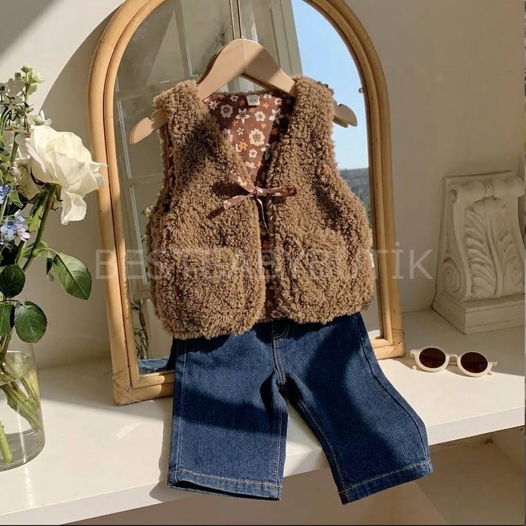 Vintage Çiçekli Peluş Yelek Ve Kot Pantolon 1 YAŞ