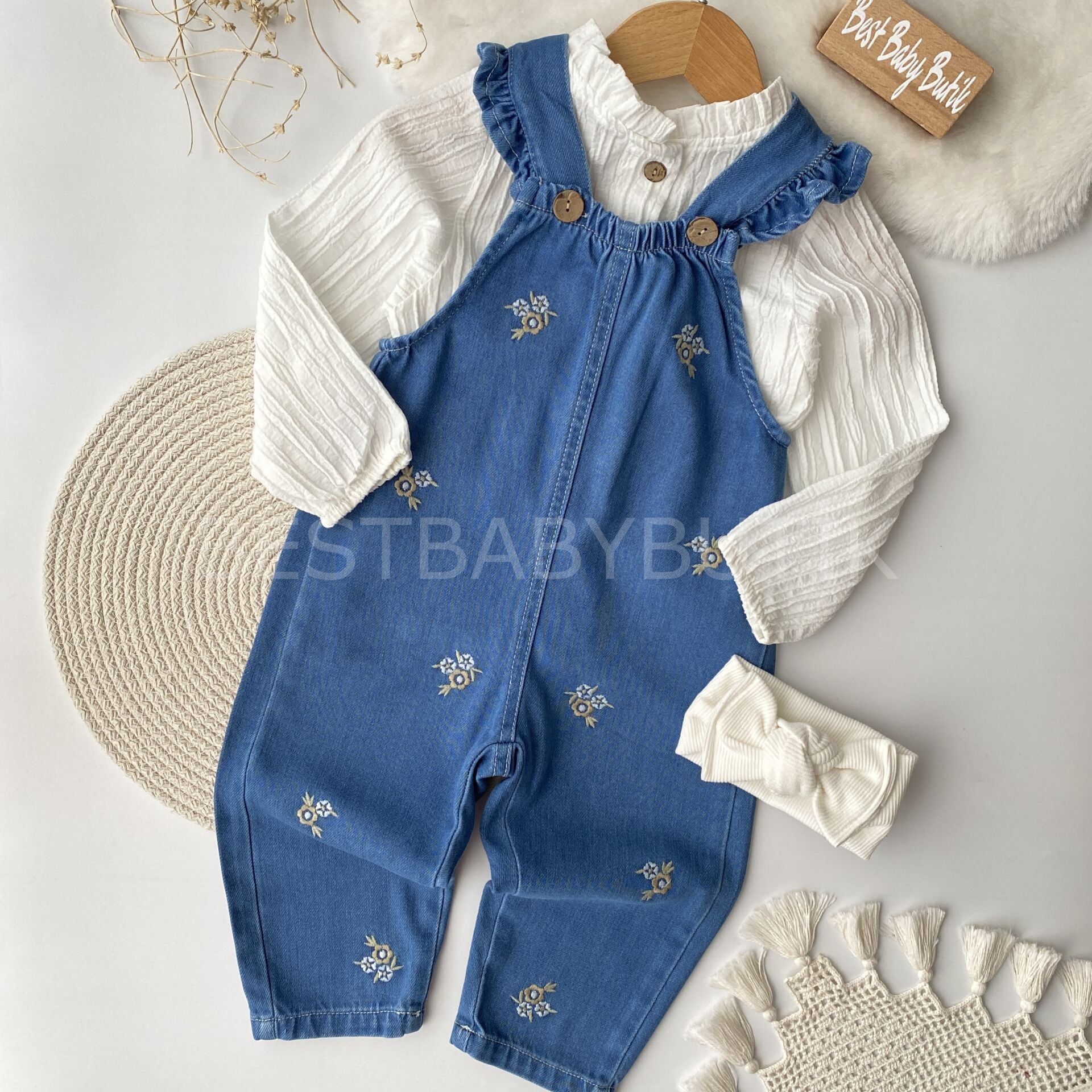 Premium Çiçek Nakışlı Gömlekli Kot Salopet Tulum 4 YAŞ