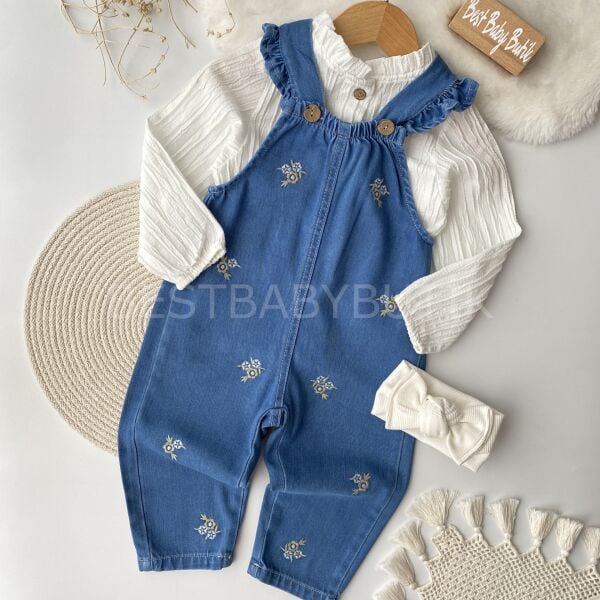 Premium Çiçek Nakışlı Gömlekli Kot Salopet Tulum