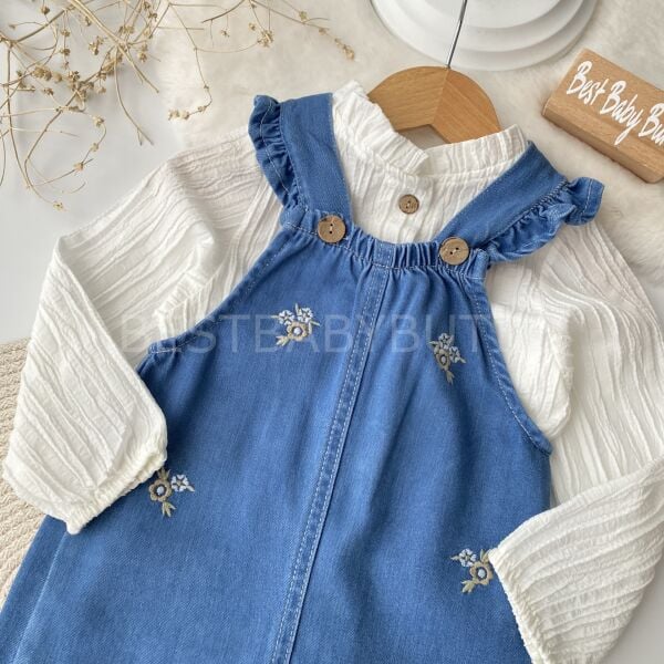 Premium Çiçek Nakışlı Gömlekli Kot Salopet Tulum 4 YAŞ