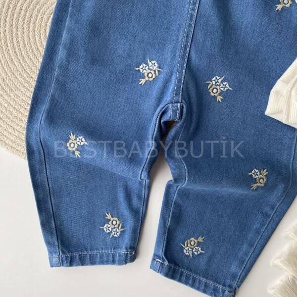 Premium Çiçek Nakışlı Gömlekli Kot Salopet Tulum