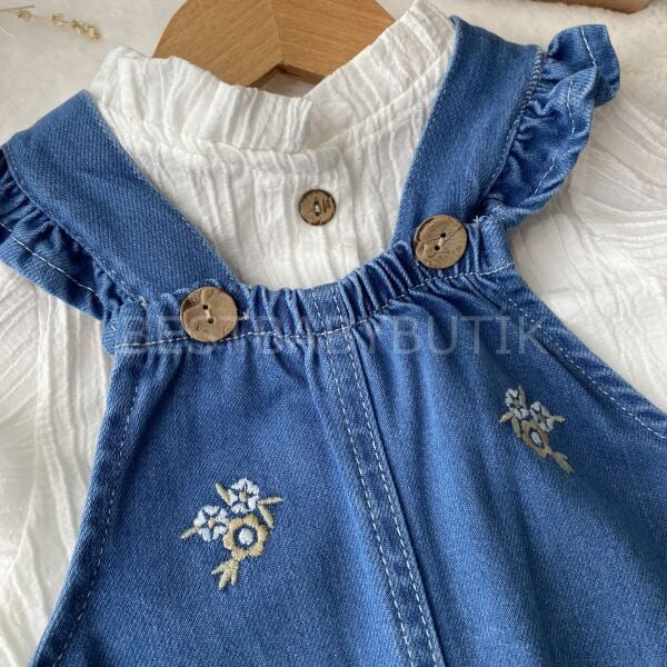 Premium Çiçek Nakışlı Gömlekli Kot Salopet Tulum 4 YAŞ