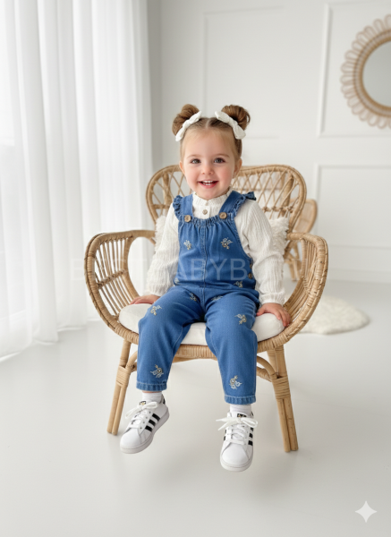 Premium Çiçek Nakışlı Gömlekli Kot Salopet Tulum 4 YAŞ