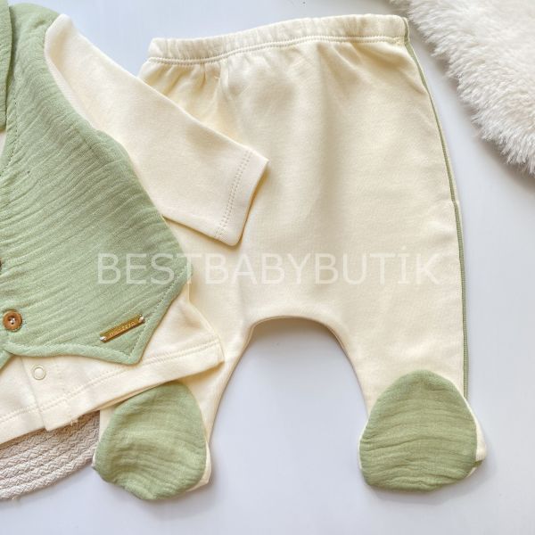 ALVİN MÜSLİN DETAYLI SEYYAR PAPYONLU 5 PARÇA HASTANE ÇIKIŞI SETİ