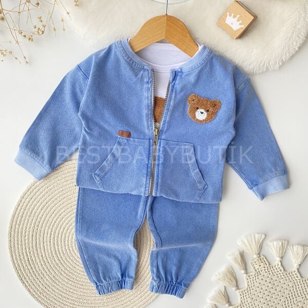 Ayıcık Panç İşlemeli Fermuarlı 3’Lü Kot Takım