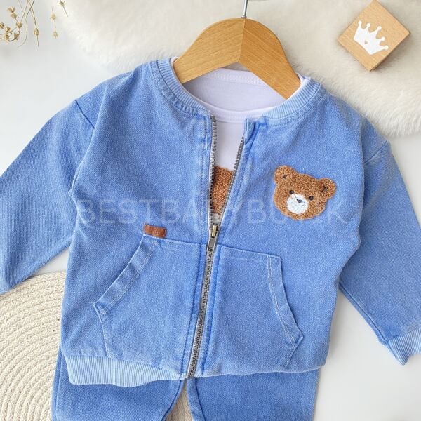 Ayıcık Panç İşlemeli Fermuarlı 3’Lü Kot Takım