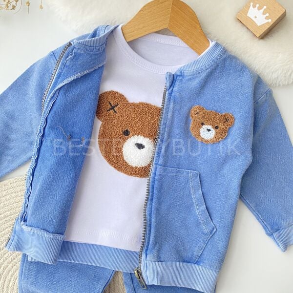 Ayıcık Panç İşlemeli Fermuarlı 3’Lü Kot Takım