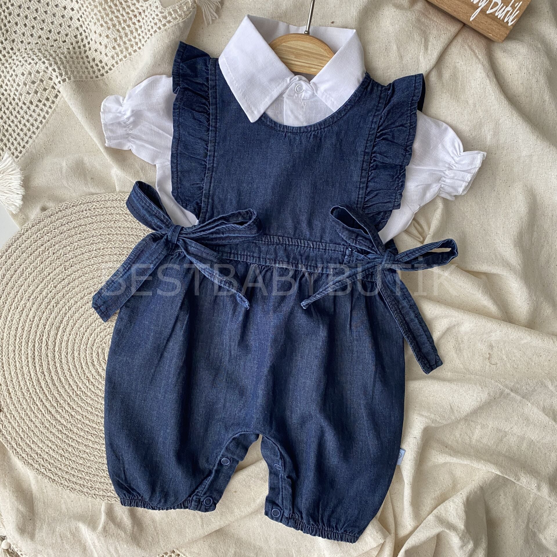 Eflin Beyaz Gömlekli Kurdaleli Kot Tulum 9-12 AY