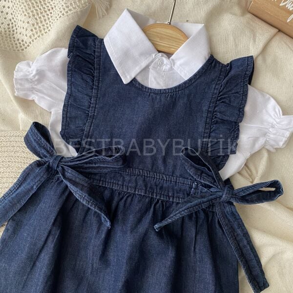 Eflin Beyaz Gömlekli Kurdaleli Kot Tulum 9-12 AY