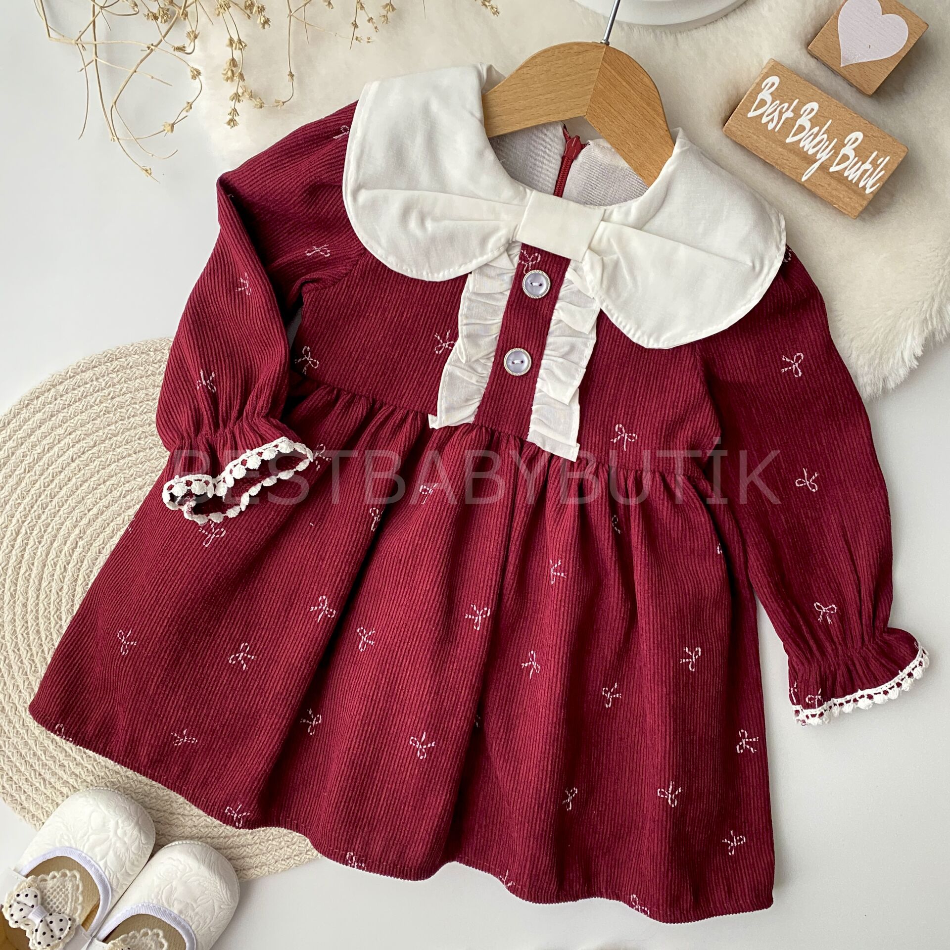 Kurdale Yaka Detaylı Kadife Elbise -BORDO