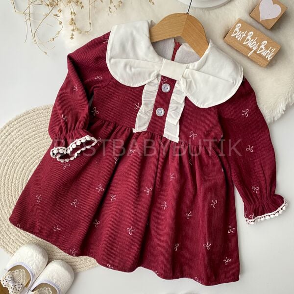 Kurdale Yaka Detaylı Kadife Elbise -BORDO