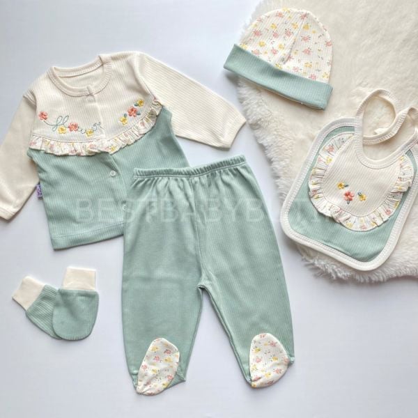 FLOWERS ÇITIR ÇİÇEK DETAYLI ORGANİK FİTİLLİ 5 PARÇA HASTANE ÇIKIŞI SETİ