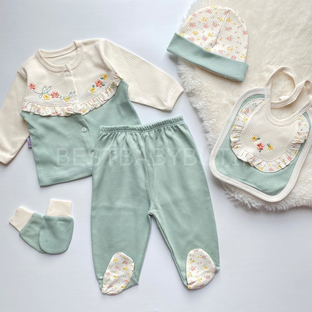 FLOWERS ÇITIR ÇİÇEK DETAYLI ORGANİK FİTİLLİ 5 PARÇA HASTANE ÇIKIŞI SETİ