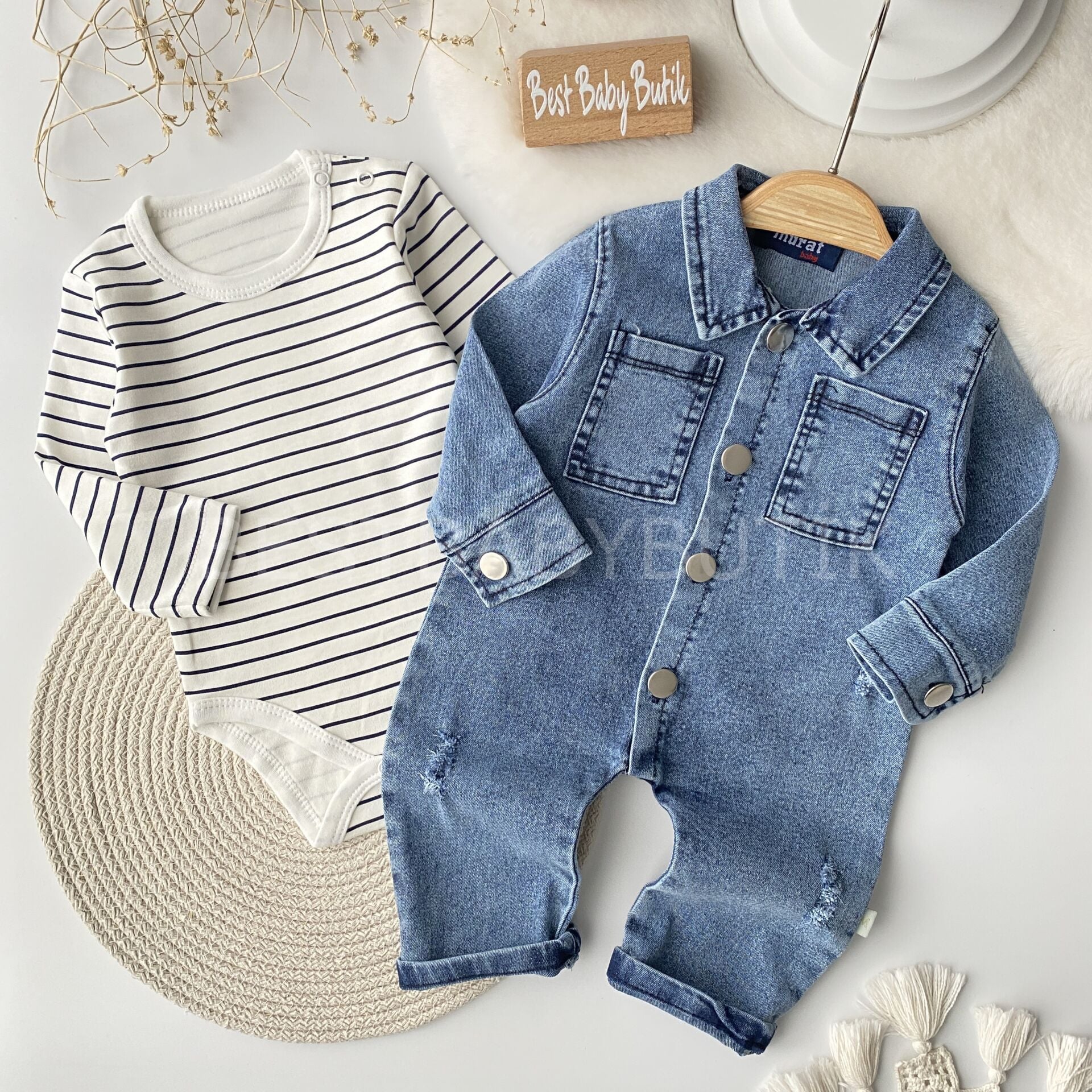 Çizgili Badili Kot Tulum -DAR KALIP 3-6 AY