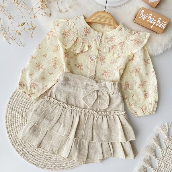 Premium Çıtır Çiçek Gömlekli ve Katlı Etekli Takım