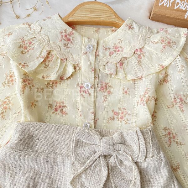 Premium Çıtır Çiçek Gömlekli ve Katlı Şort Etekli Takım 9-12 AY