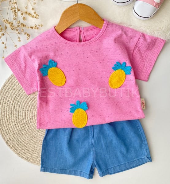 Ananas Örgülü Oversize Kot Şortlu 2’li Takım