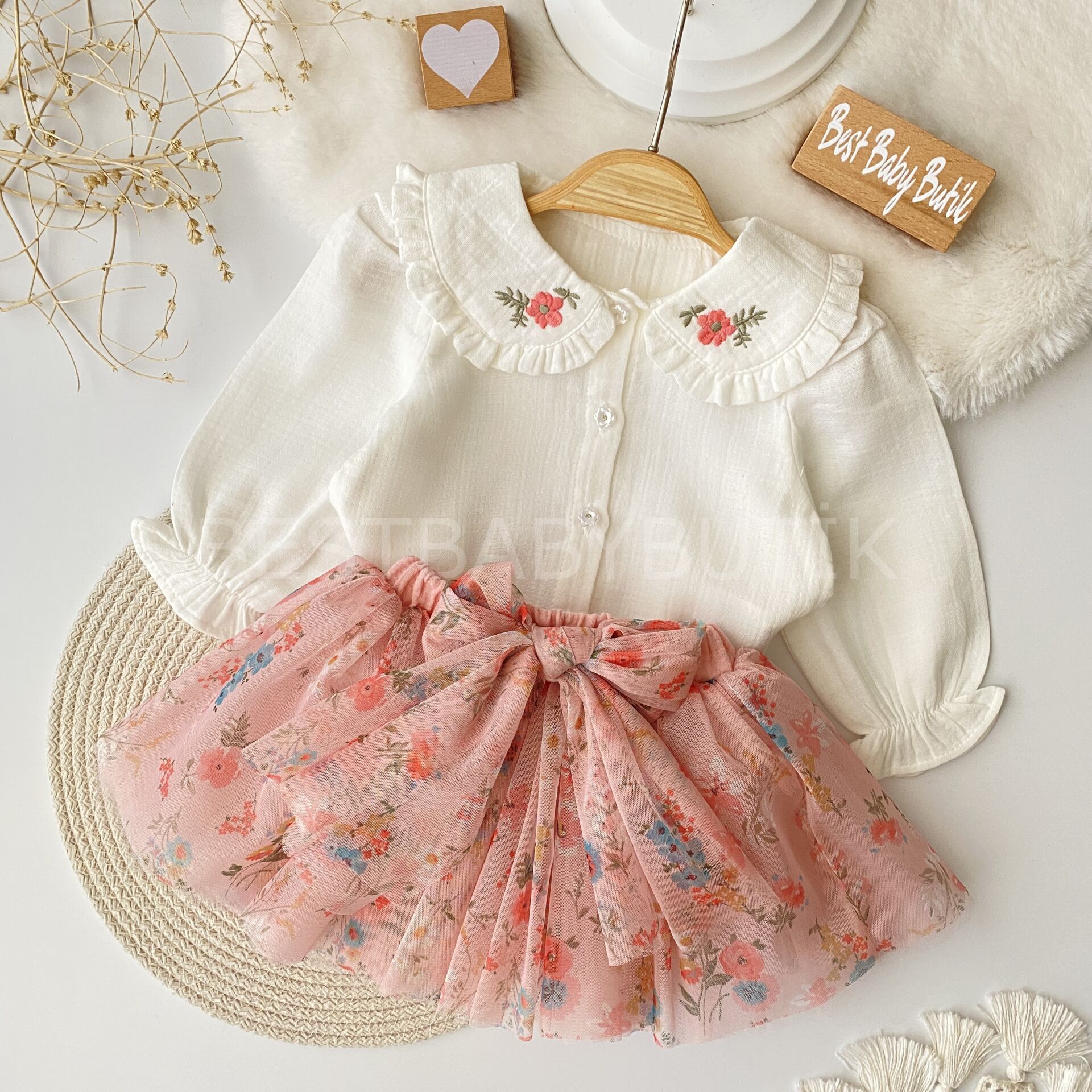 Premium Bahar Çiçekleri Tütü Etekli Nakışlı Gömlekli Takım