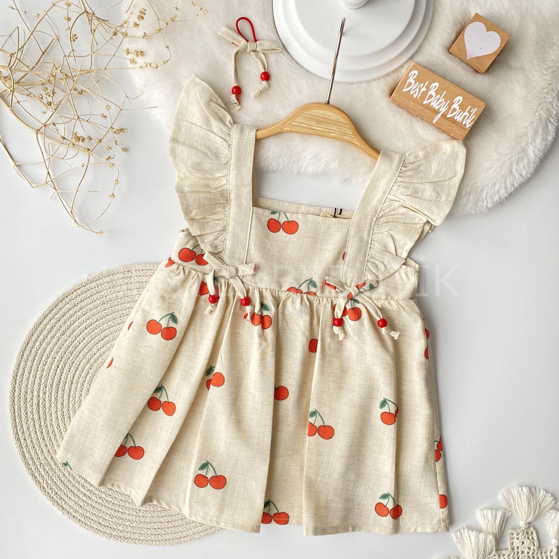 Kirazlı Keten Elbise (TOKA HEDİYE) 2-3 YAŞ