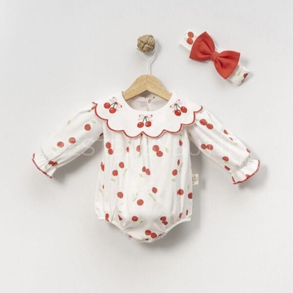 Kiraz Nakışlı Yaka Detaylı Bandanalı Tulum