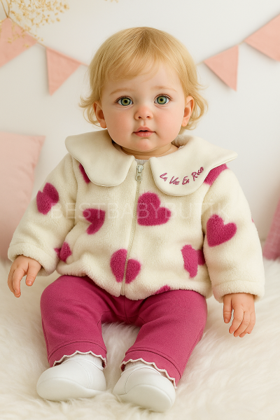 Yakası Nakışlı Kalpli Peluş Montlu 3’Lü Takım