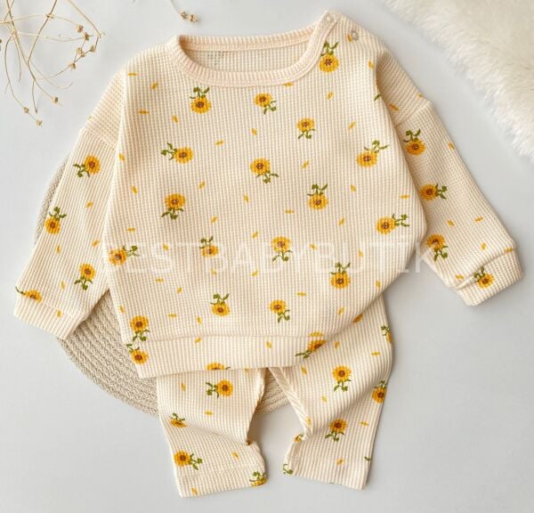 Oversize Ayçiçeği Baskılı Waffle 2’Li Takım